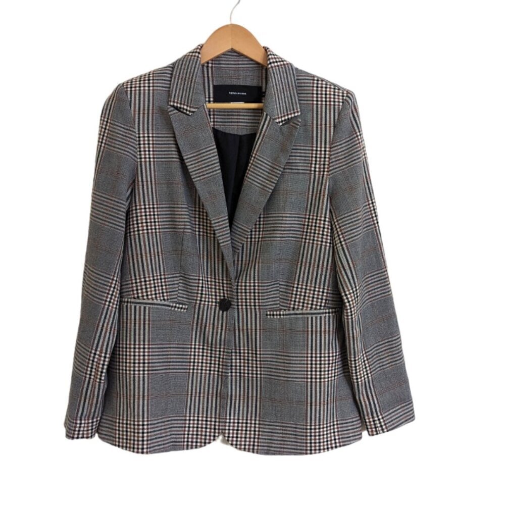 Vero Moda Peak Lapel One Button Hip Length Plaid Blazer Size US6 EU38